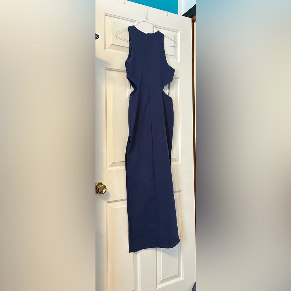 Long blue cutout dress.  Appropriate for fancy occasions or just a night out